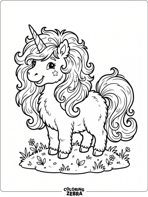 A fluffy unicorn with a big mane on a grassy patch