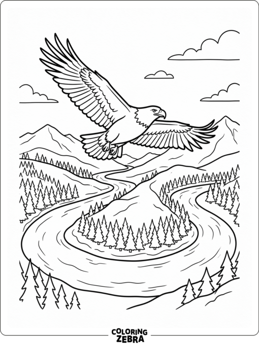 A bald eagle flying above a river bend