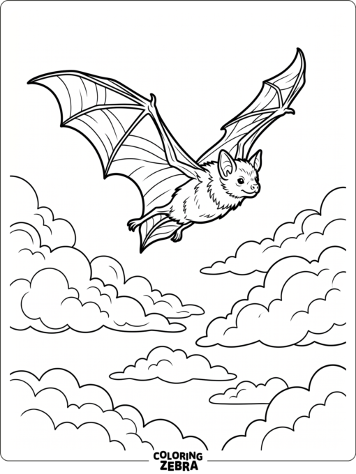 A bat flying high above soft clouds