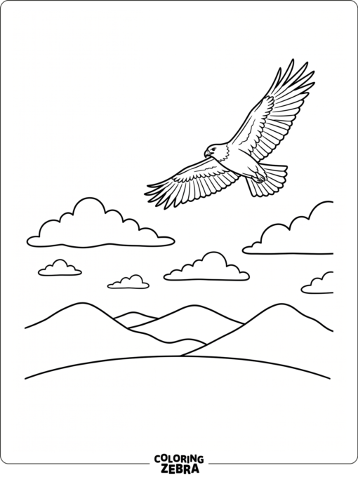 A bird flies high over hills and clouds