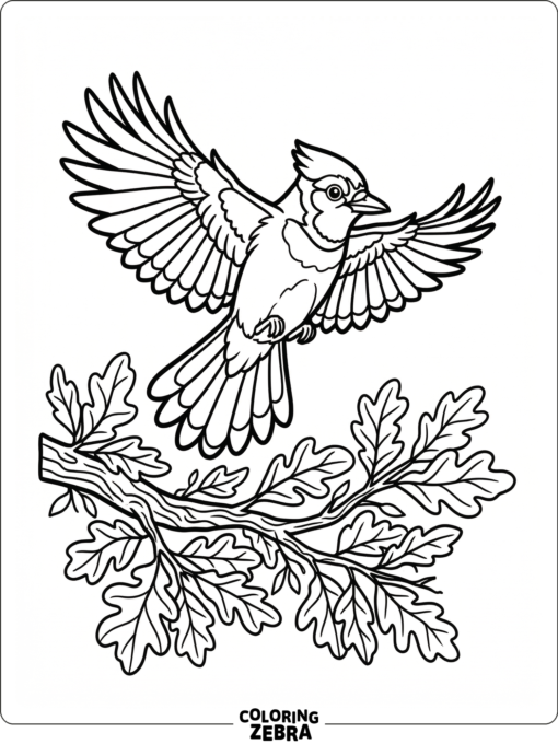 A blue jay flying above a leafy branch