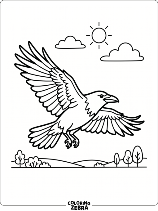 A crow flying with wings spread above a simple horizon