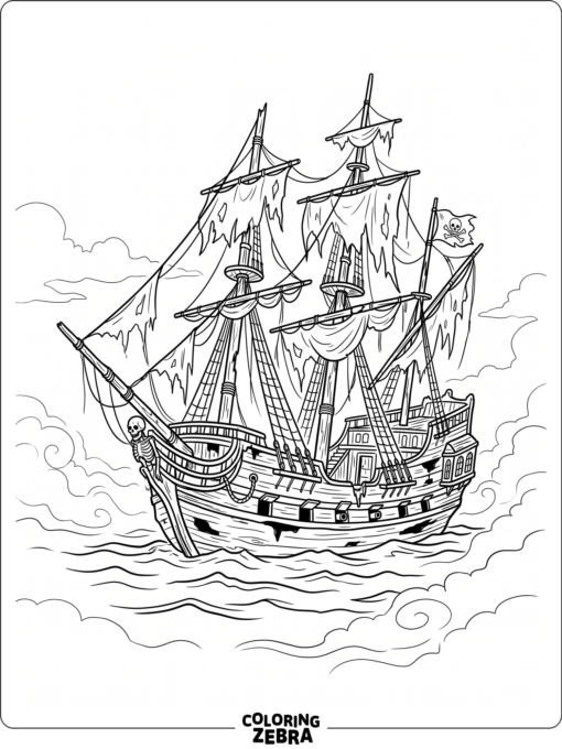 A haunted pirate ship drifting through fog