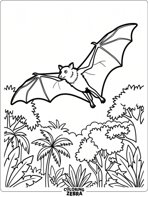 A flying fox bat gliding over trees