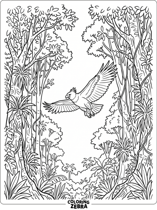A harpy eagle flying through a jungle gap