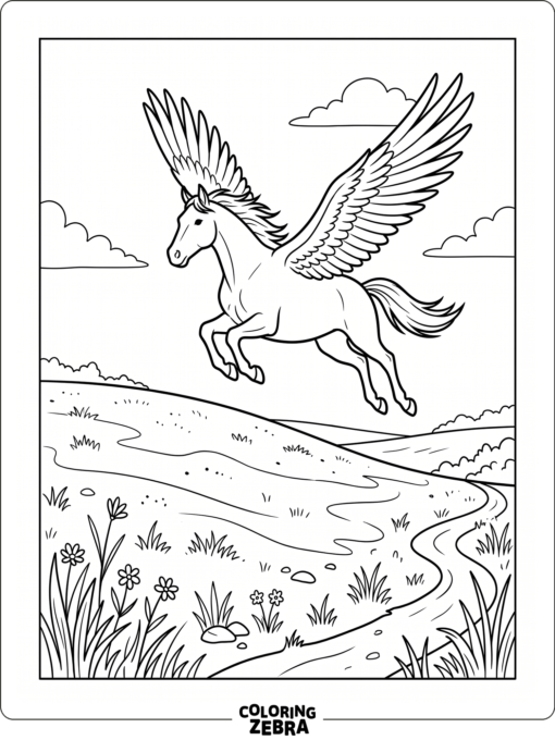 A horse flying over a hill