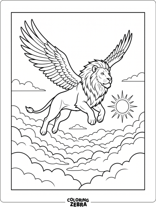 A winged lion flying through the sky