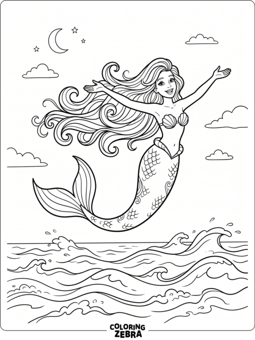 A mermaid flying above the ocean with flowing hair