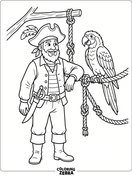 A pirate with a parrot on a rope perch