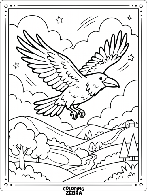 A raven flies with spread wings above hills and clouds