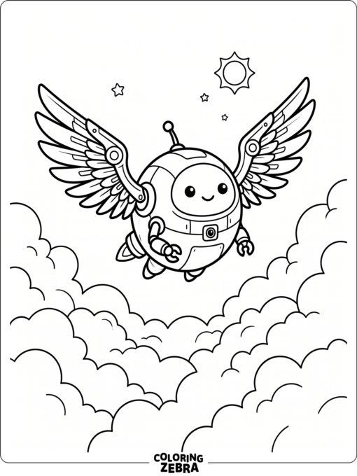 Flying robot with wings gliding over clouds