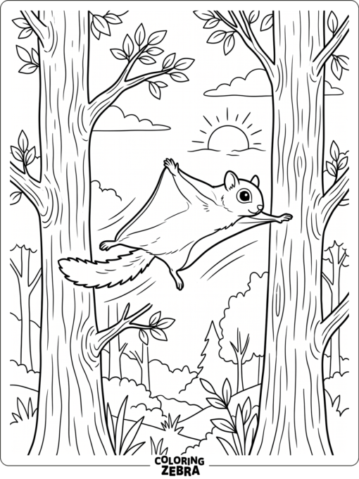 A flying squirrel glides between two trees