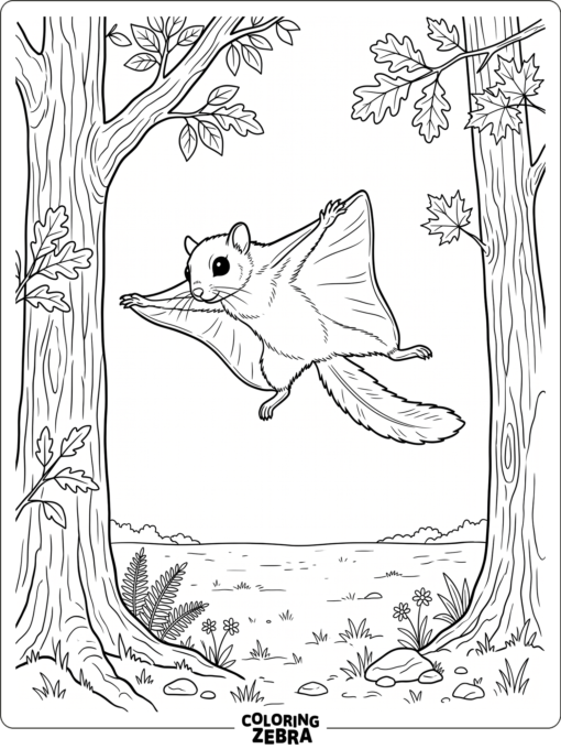 A flying squirrel gliding between trees