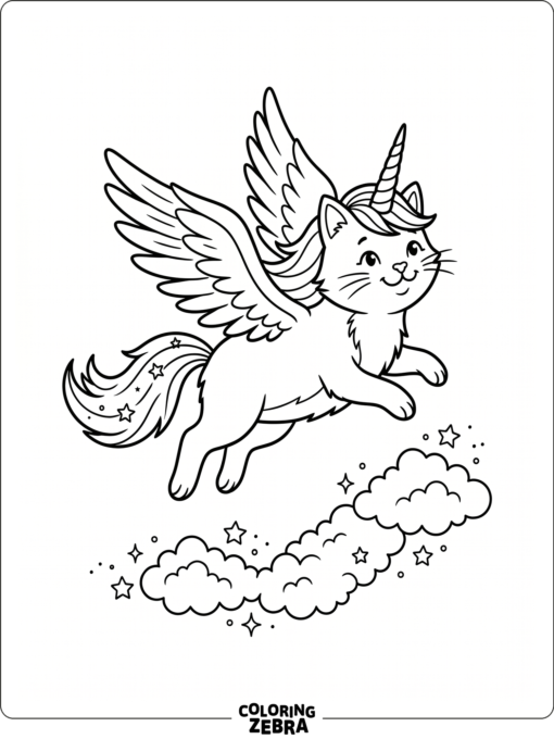 A flying unicorn cat with wings above clouds