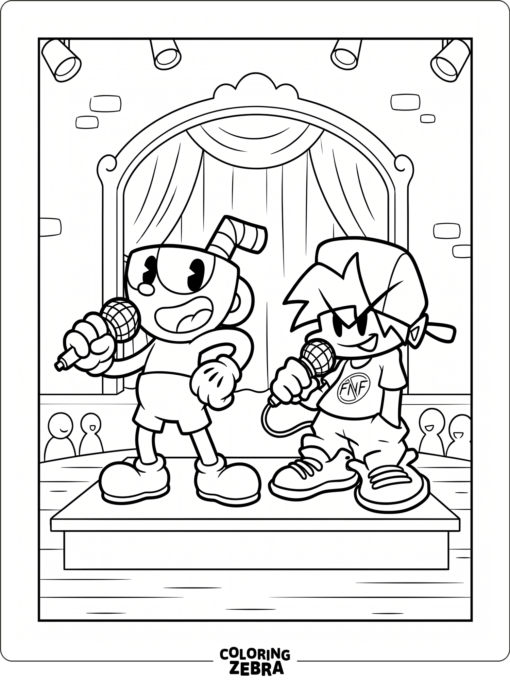 Cuphead holding a microphone on a simple stage