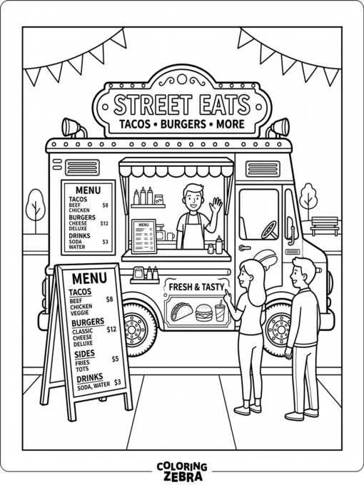 A food truck with a serving window and menu board
