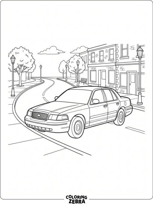 A classic sedan drives down a city street