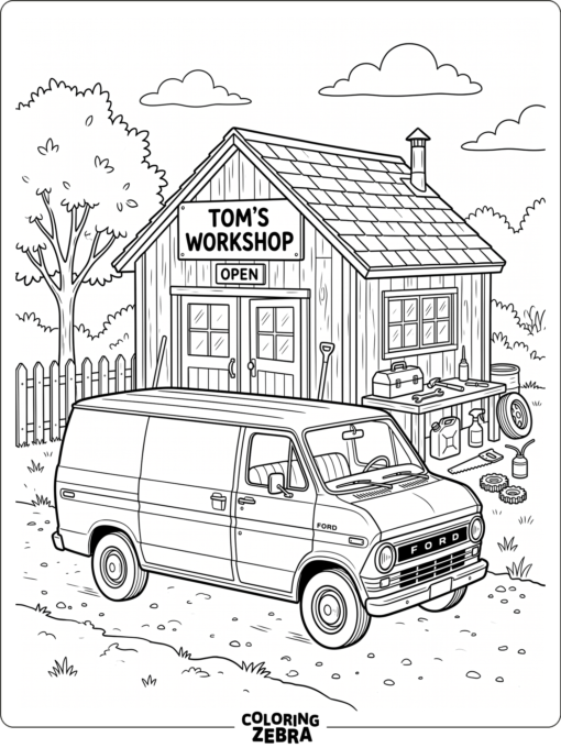 A van parked outside a workshop