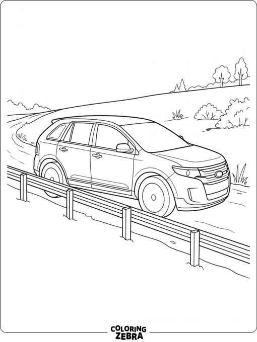 A crossover sits near a guardrail on a hill