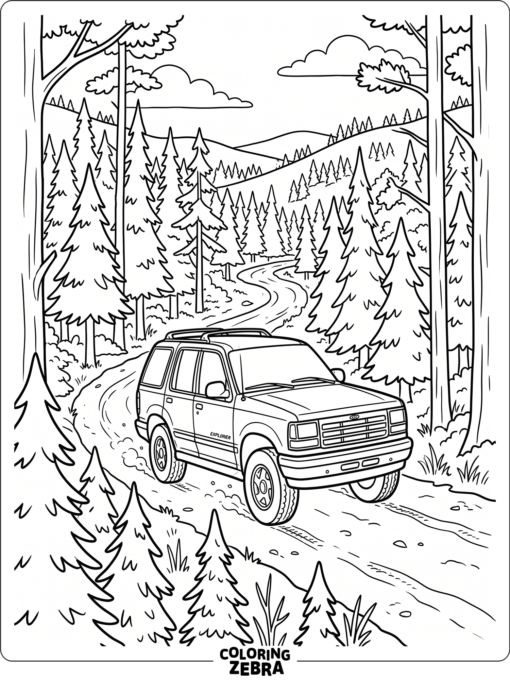 A Ford Explorer on a trail near pine trees