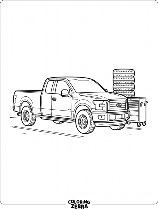 A Ford F 150 parked beside tools