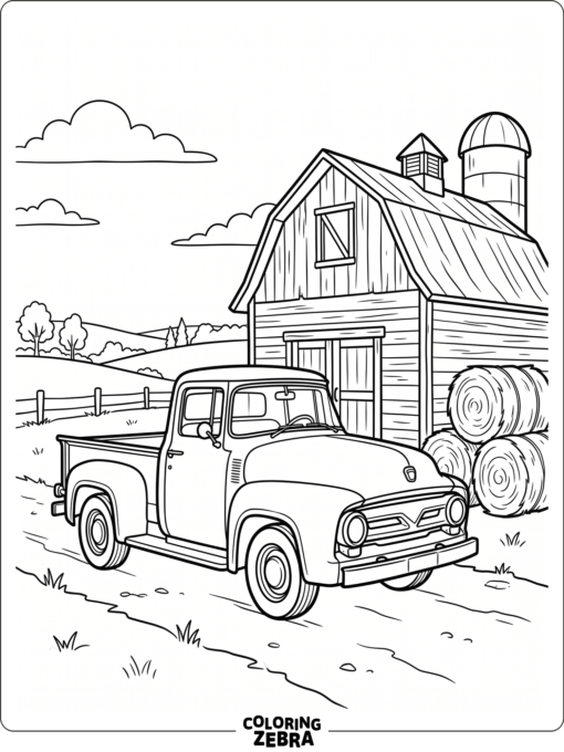A vintage pickup parked near a barn and hay bales