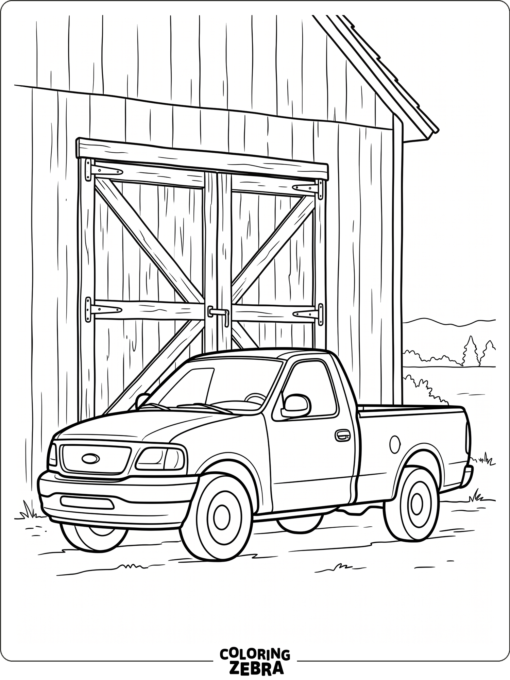 A Ford F150 parked by a barn