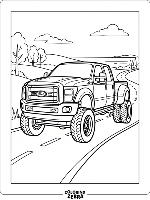 A lifted Ford F350 dually with wide rear wheels