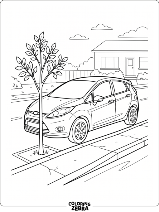 A small car parked by a curb and tree