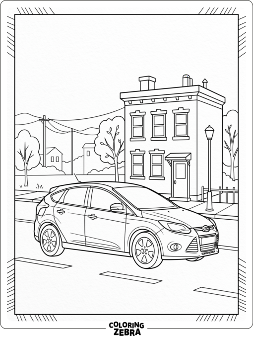 A hatchback car drives past a small city building
