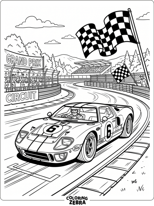 A race car on a track with checkered flags