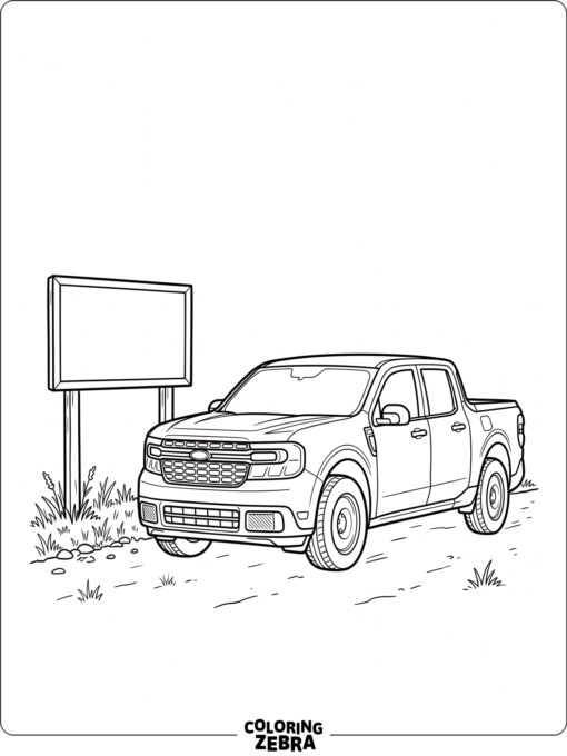 A compact pickup truck sits beside a roadside sign