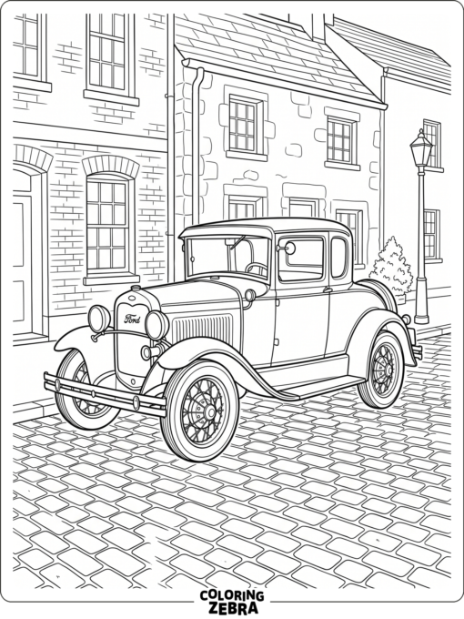 A vintage coupe parked on a cobblestone street