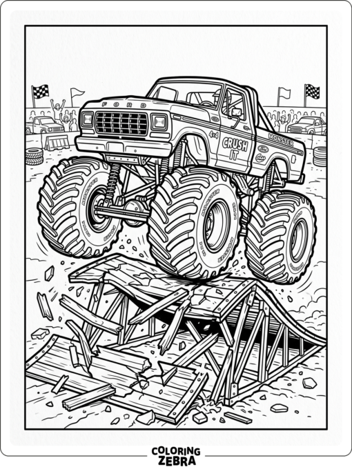 A Ford monster truck with huge tires climbing a ramp