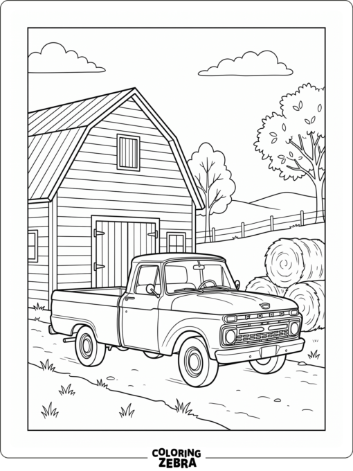 A Ford pickup parked near hay bales