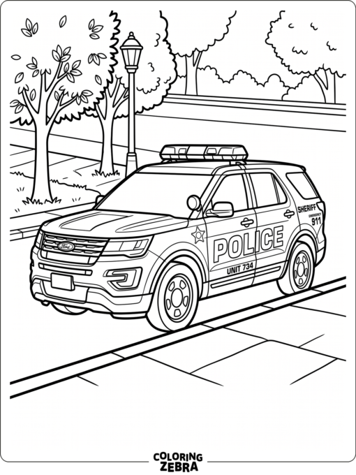 A police car with roof lights parked by a curb