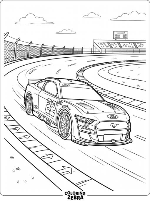 A race car speeds along an oval track