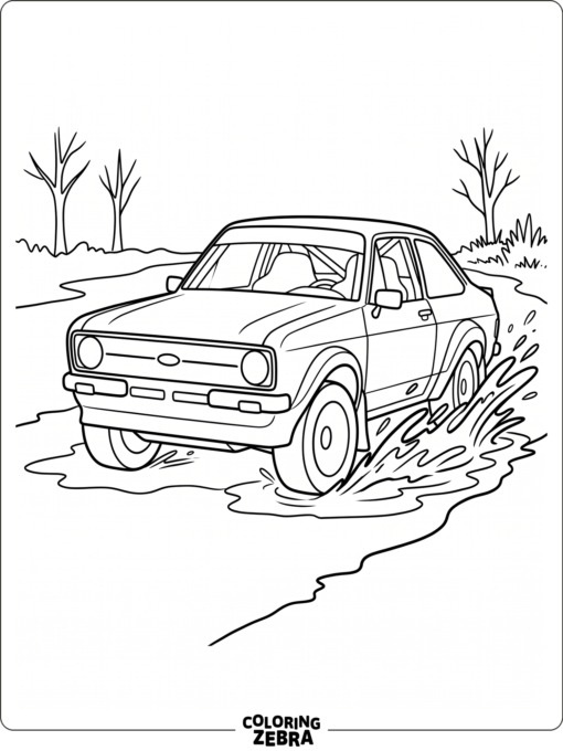 A rally car splashes through a puddle