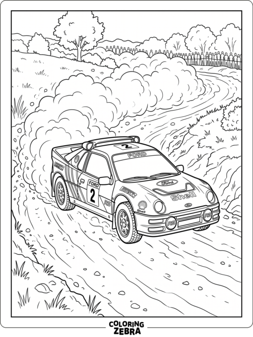 A rally car drives on a dirt road with dust
