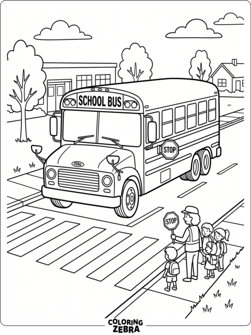 A school bus stopped beside a crosswalk