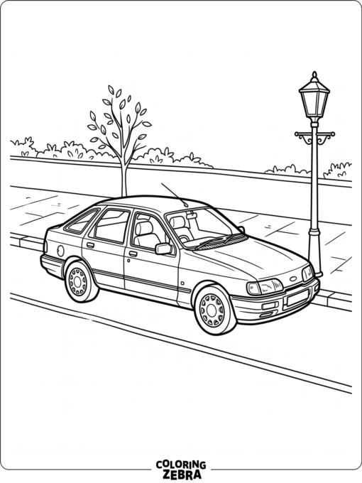 A hatchback parked beside a streetlamp