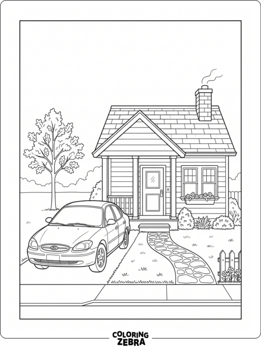 A sedan parked in front of a house