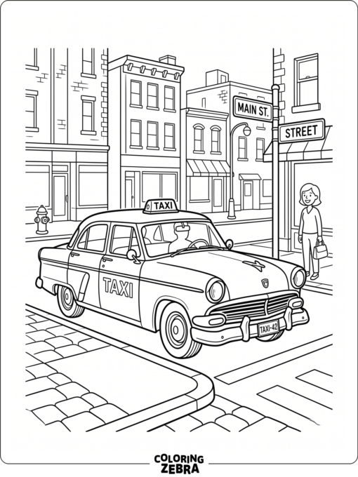A taxi waits at a street corner