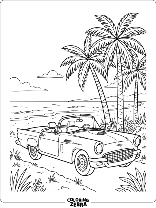 A convertible parked near palm trees