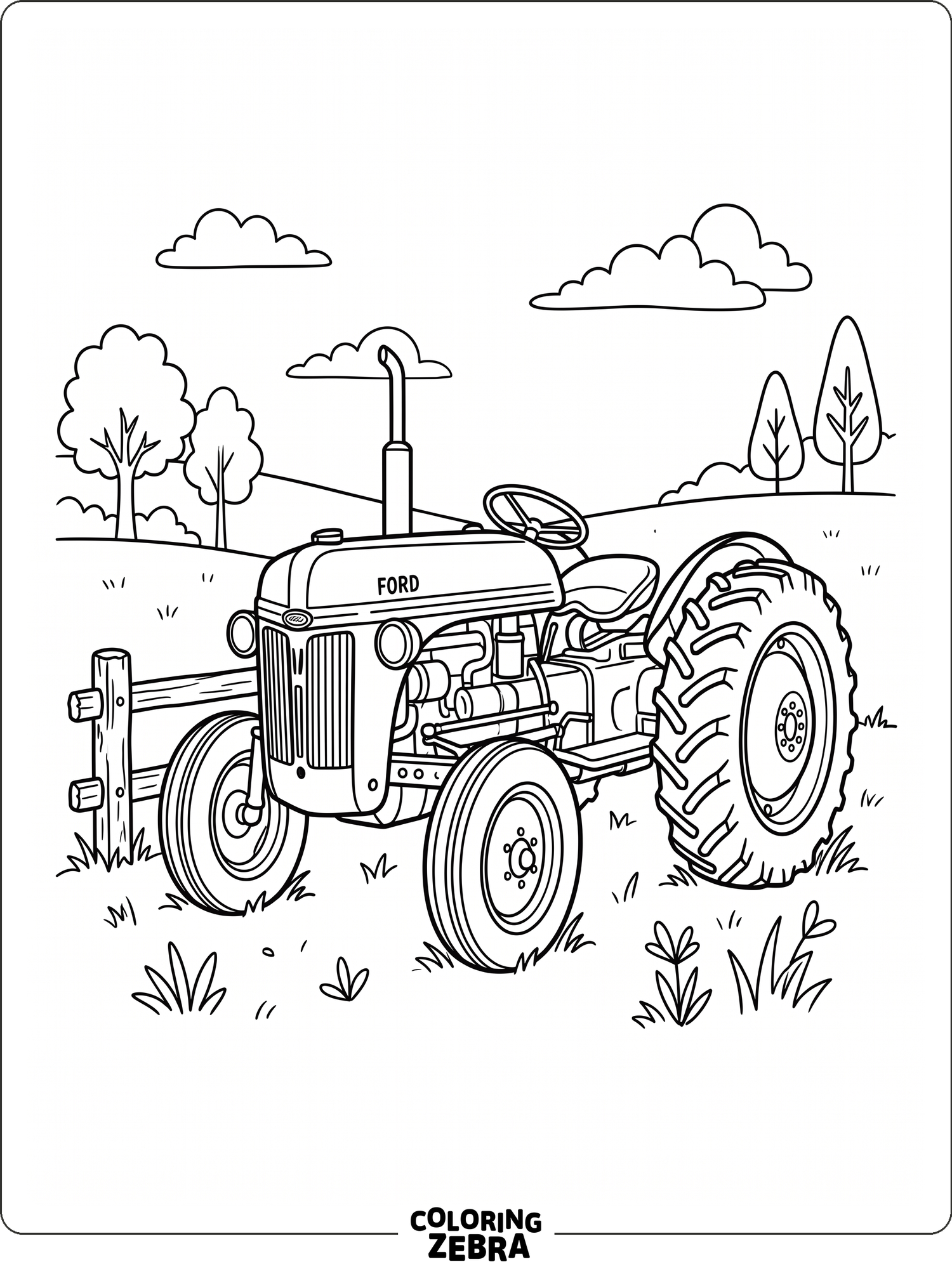 A simple tractor sits beside a hay bale with bold tires and clean outlines