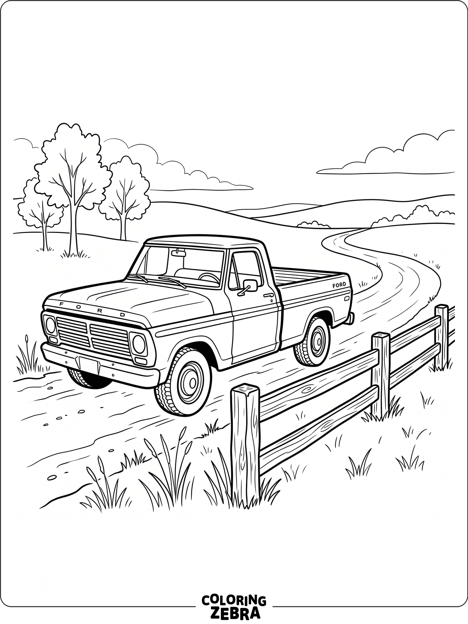 A Ford pickup truck sits beside a fence on a quiet road
