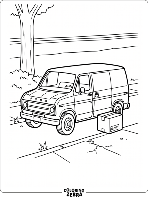 A Ford van parked beside a delivery box