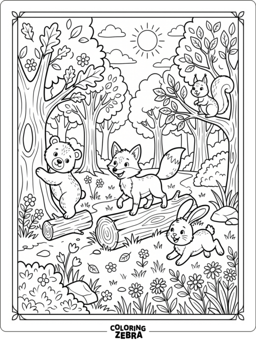 A kid-friendly forest scene with animals and trees