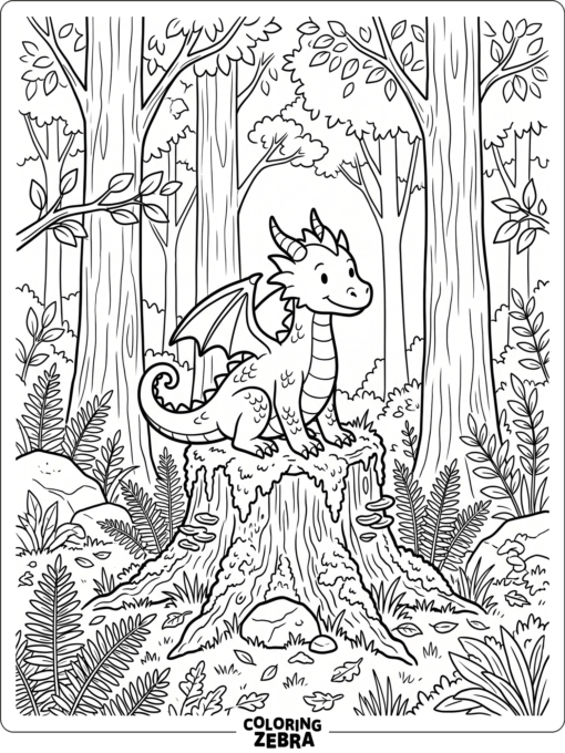 A dragon sitting on a stump in the woods