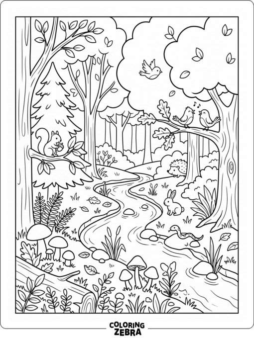 A clean forest ecosystem with trees, mushrooms, birds, and a small stream